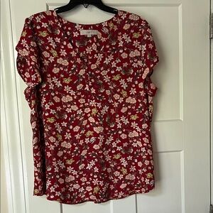 LOFT Red and Pink Floral Blouse